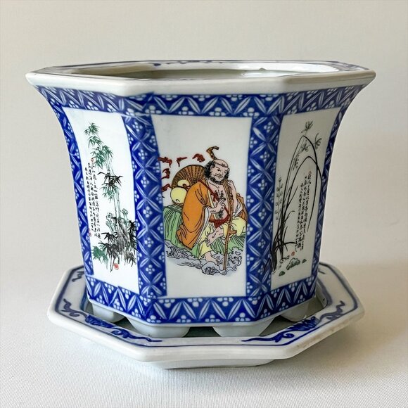Vintage Chinese Immortals Flowers Poems Octagon Flowerpot w/ Saucer Blue & White - Picture 4 of 15